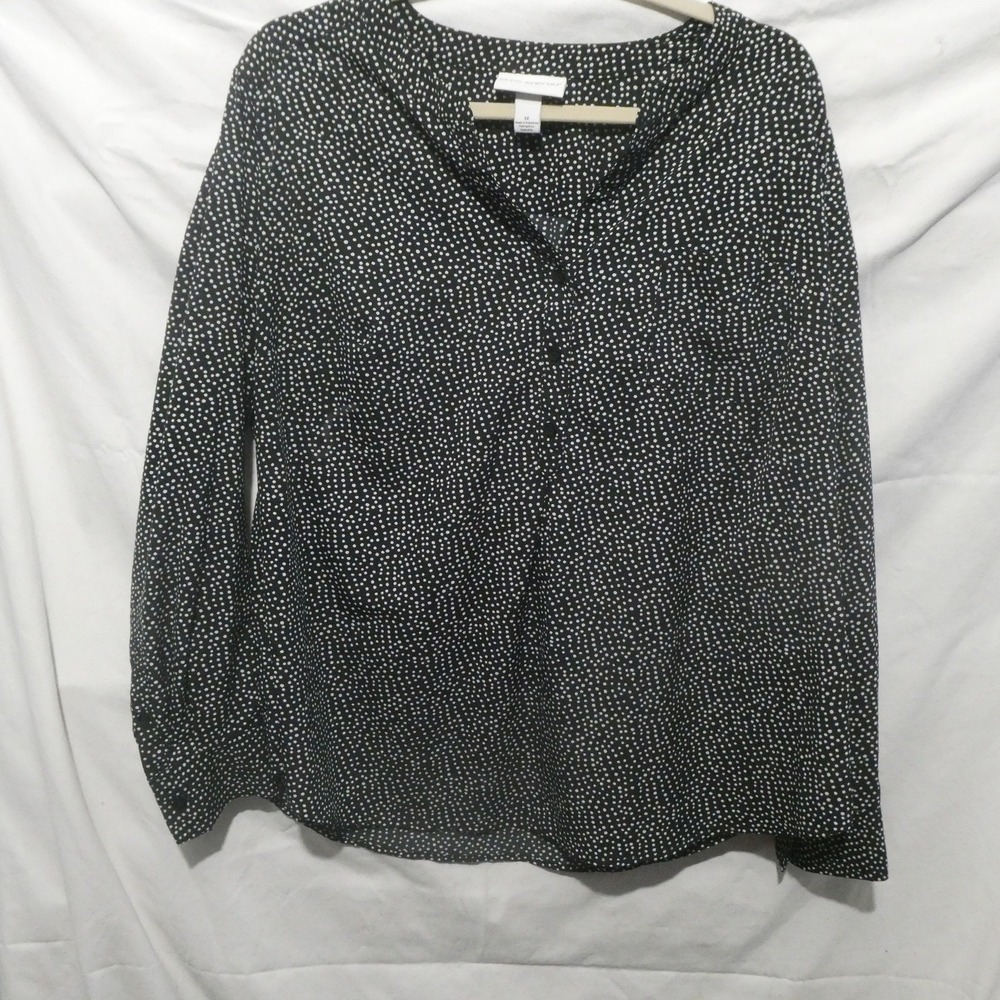 Pure Energy Blouse Women 1X Black White Polka Dot Button Front Long Sleeve Top